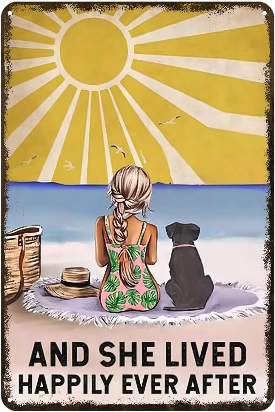 Metal Wall Art for Living Room Retro Tin Sign Girl and Dog Funny Tin Beach Metal Sign Vintage Home Decor Rustic Aluminum Tin