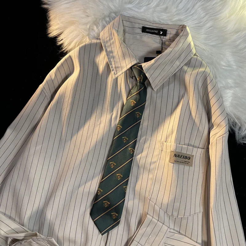 

Retro American Striped College Sle Long Sve Loose Fit Men's irt Couple's Faionable Hong Kong Sle Breathable Cotton