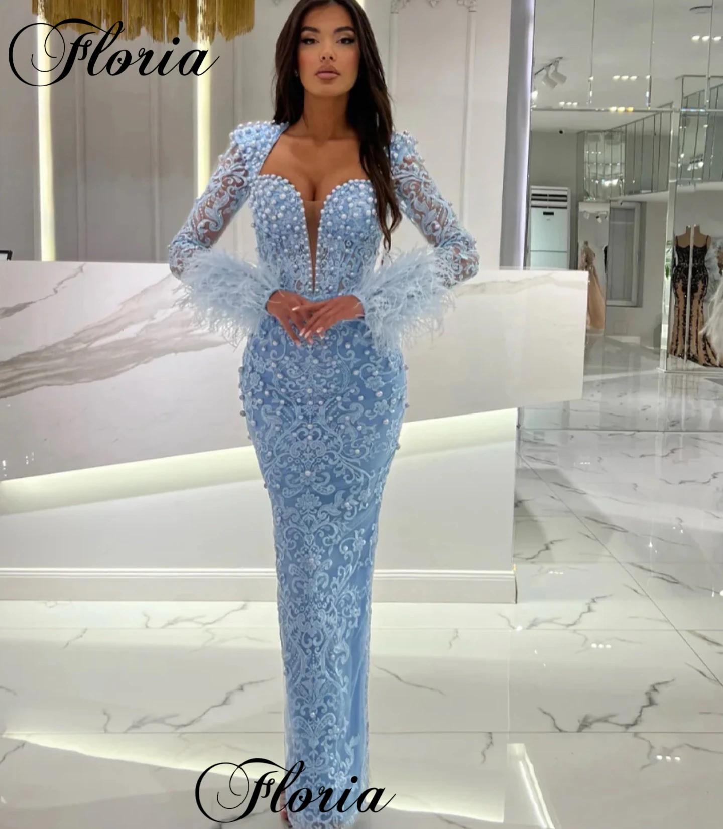 Simple Blue Lace Prom Dresses Mermaid Sweetheart Evening Gowns With Long Sleeves Vestidos Femenino Pearls Cocktail Dresses