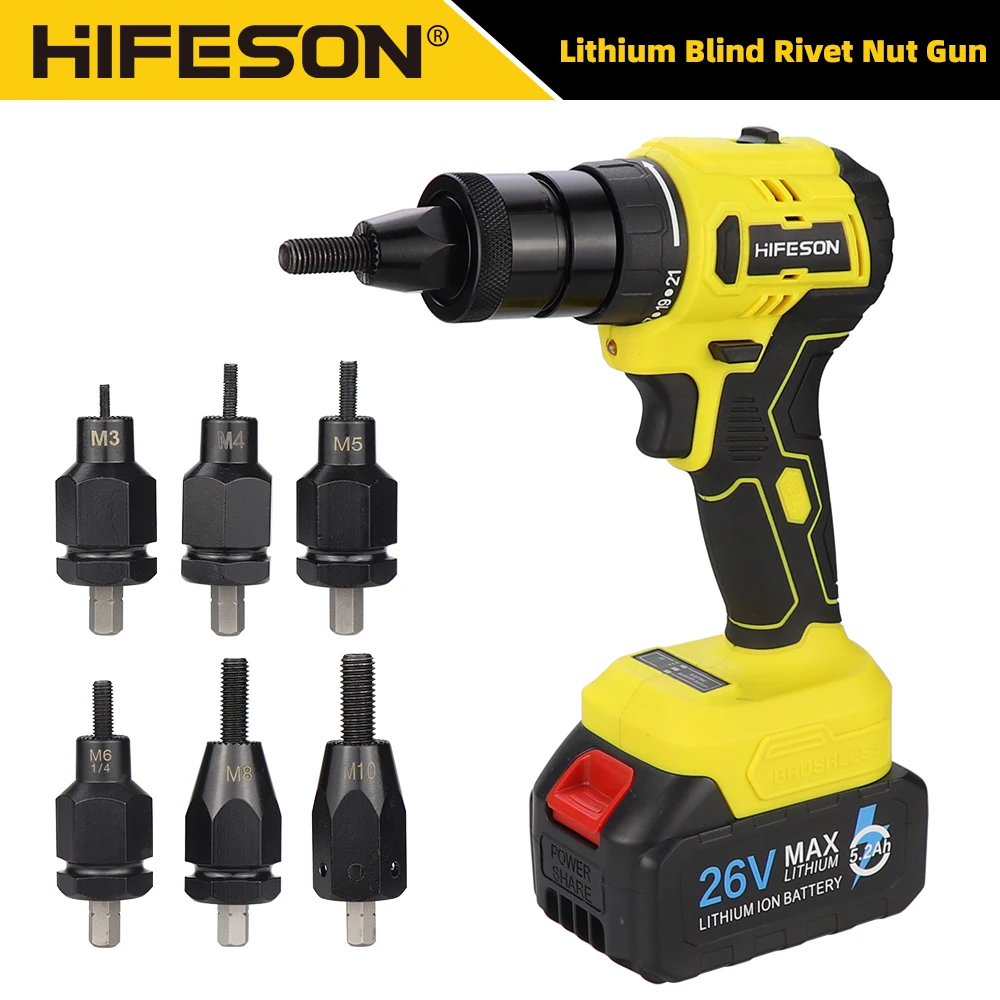 HIFESON Electric Rivet Nut Gun 26V Automatic Nut Puller 5.2Ah Brushless Self Lock Rivet Tool For M3M4M5M6M8M10 Makita Battery