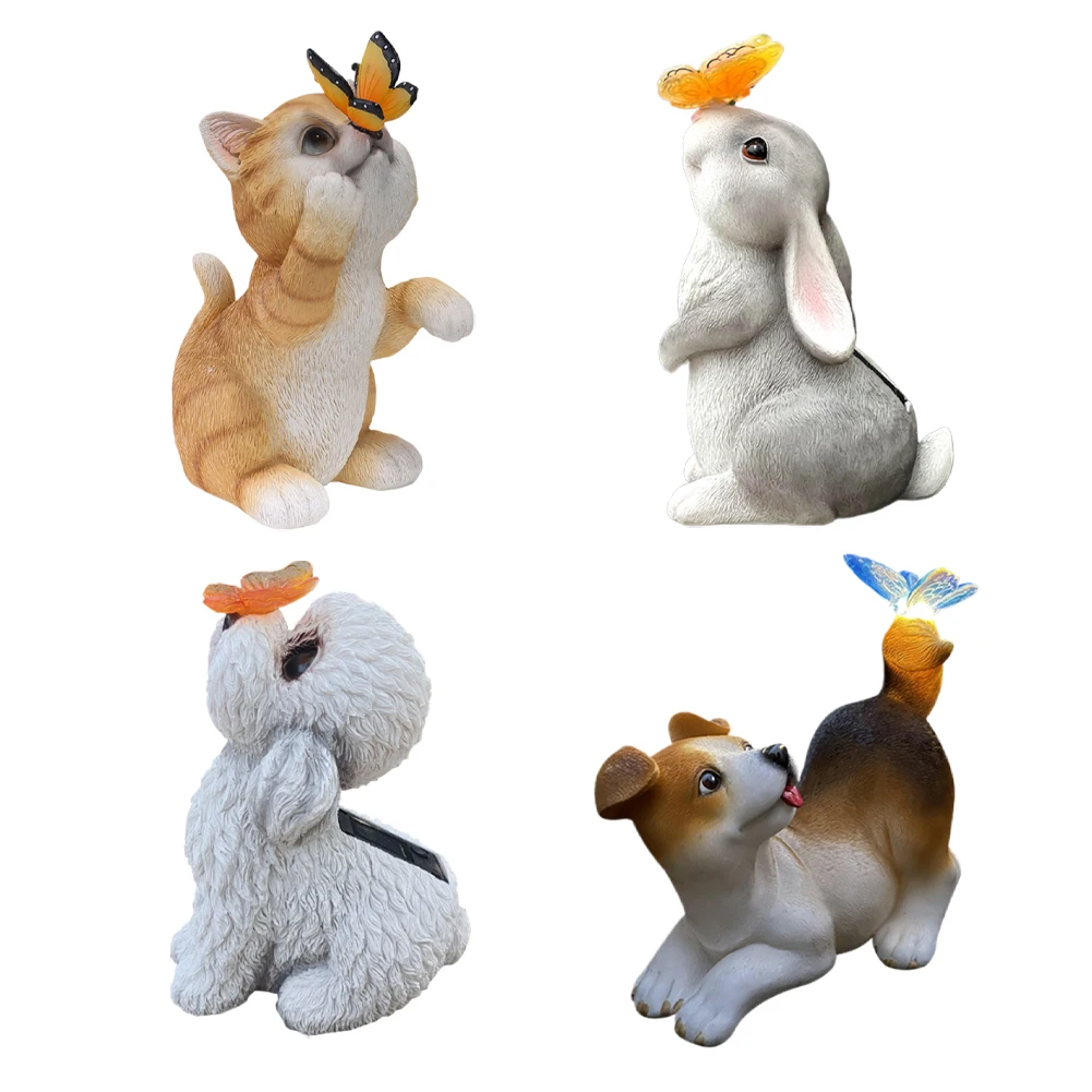 Solar Cat/Rabbit/Dog Butterfly Decorative Light Resin Animal Sculptures Light Cartoon Outdoor Lamp Creative for Garden Courtyard