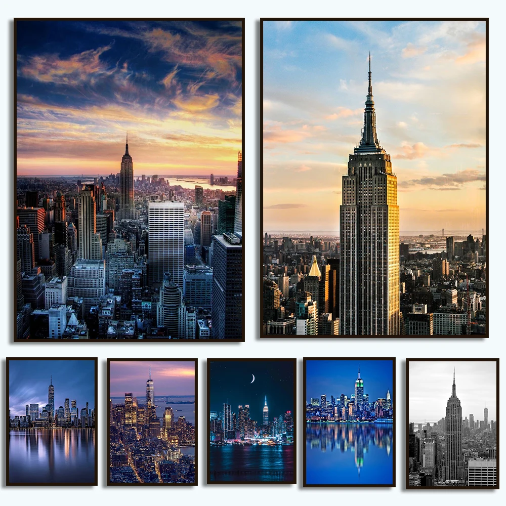New York City Posters Prints Sunset View Skyline Manhattan Canvas Painting Landscape Wall Art Picture for Living Room Home Decor