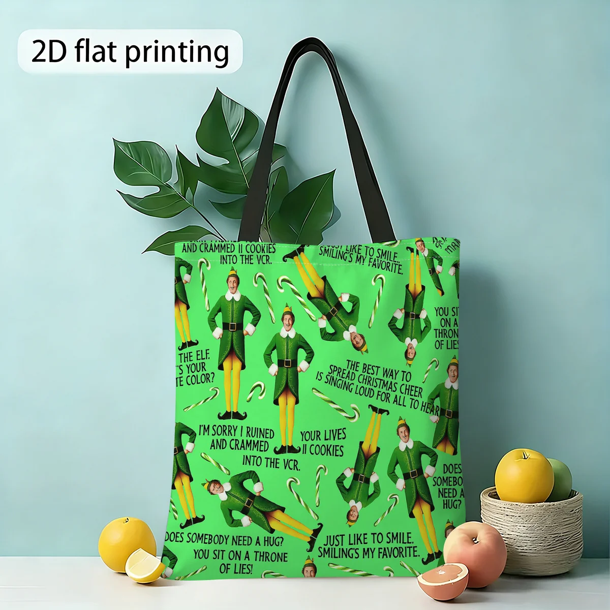1pc Tote Bag Elf, Christmas Quotes 2D Print Style Reusable Shopping and Travel Shoulder Bags Casual Daily Commuting Handbag