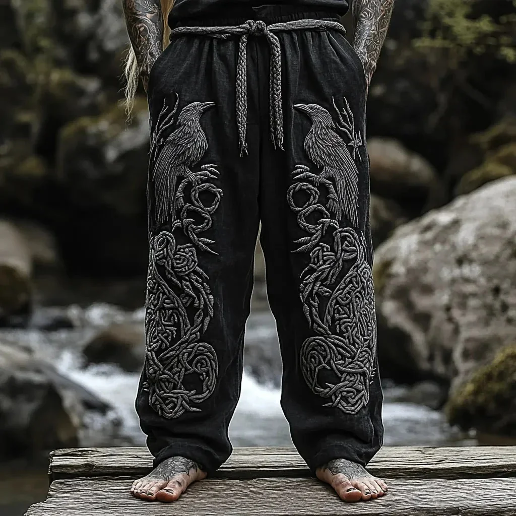 

Men's casual pants retro Viking crow 3D printed casual pants drawstring straight leg pants summer beach pants