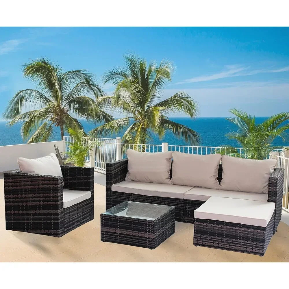 

4 Pieces Patio Furniture Weather Outdoor Sectional Sofa Manual Weaving Wicker Rattan Conversation Set with Cushion and Table