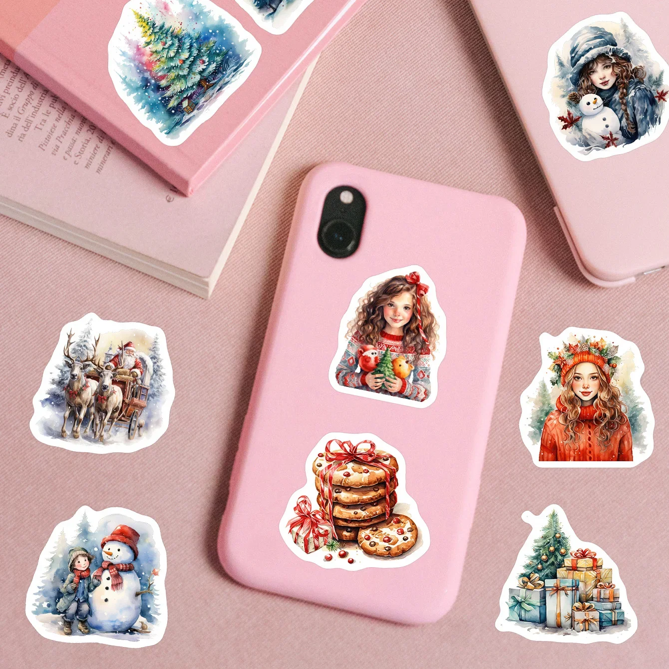 40 Pcs Watercolor Christmas Sticker Santa Claus Holiday Season Snowman Tree Waterproof Aesthetic Stickers Scrapbooking Material