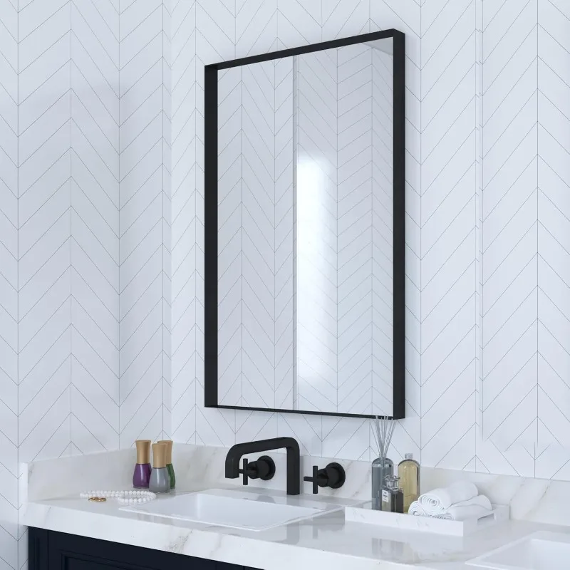 Black Metal Framed Bathroom Mirror for Wall, 18 x 26 Inch Square Corner Rectangle Black Bathroom Vanity Mirror Modern Farmhouse