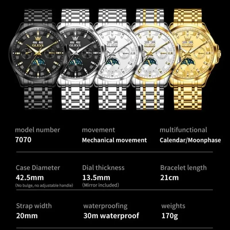 OLEVS 7070 Luxury Men All Automatic Mechanical Watch Multi functional Waterproof Moonphase Watch Men Sports Watch