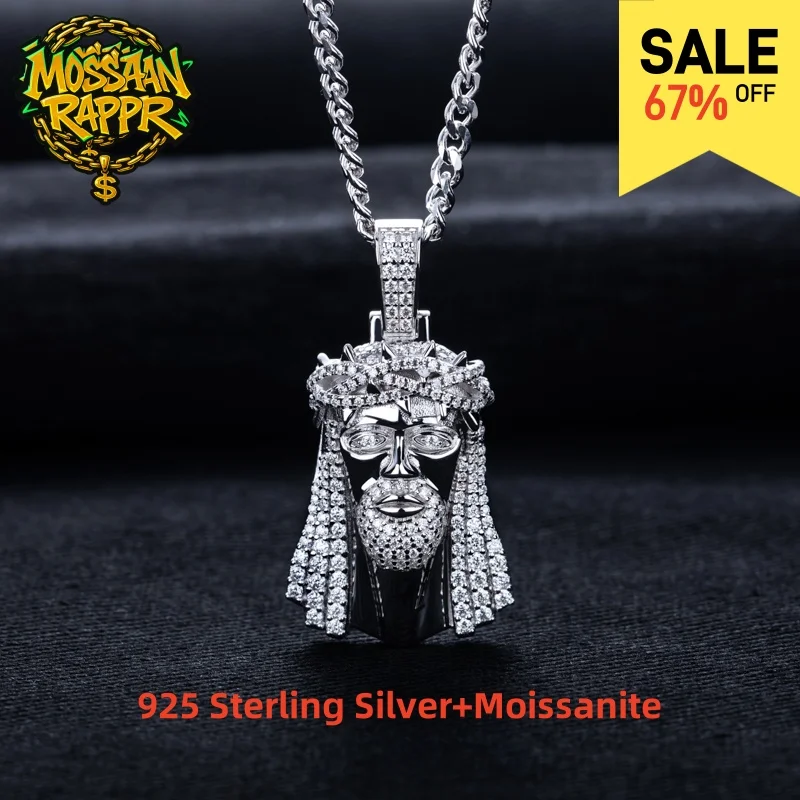 

MossanRappr 1.4cttw Moissanite Iced out Christian Jesus Pendant Bling Hip Hop Necklace 925 Sterling Silver Punk Jewelry for Men