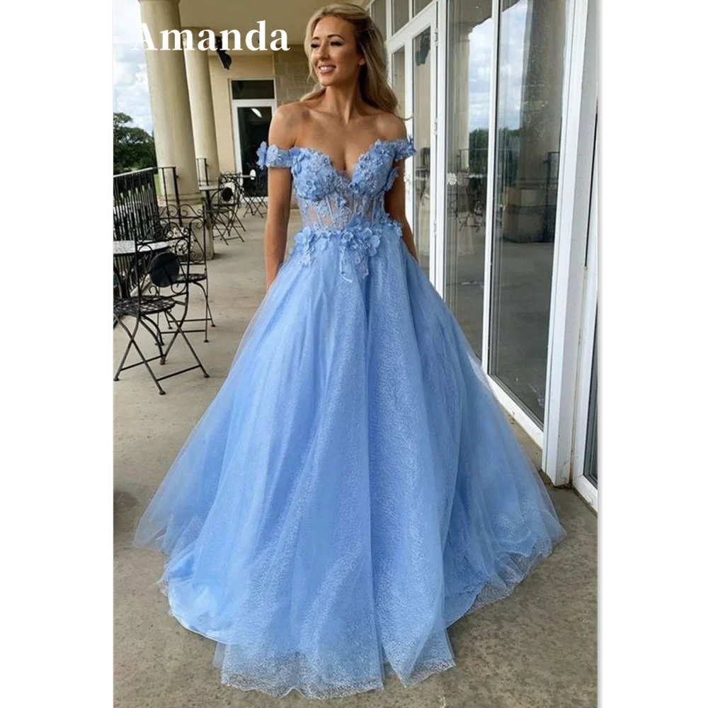 Amanda Princess Baby Blue فساتين الحفلات Off Shoulder Party Dress Glitter A-line Evening Dresses Off Shoulder Prom Dress 2023