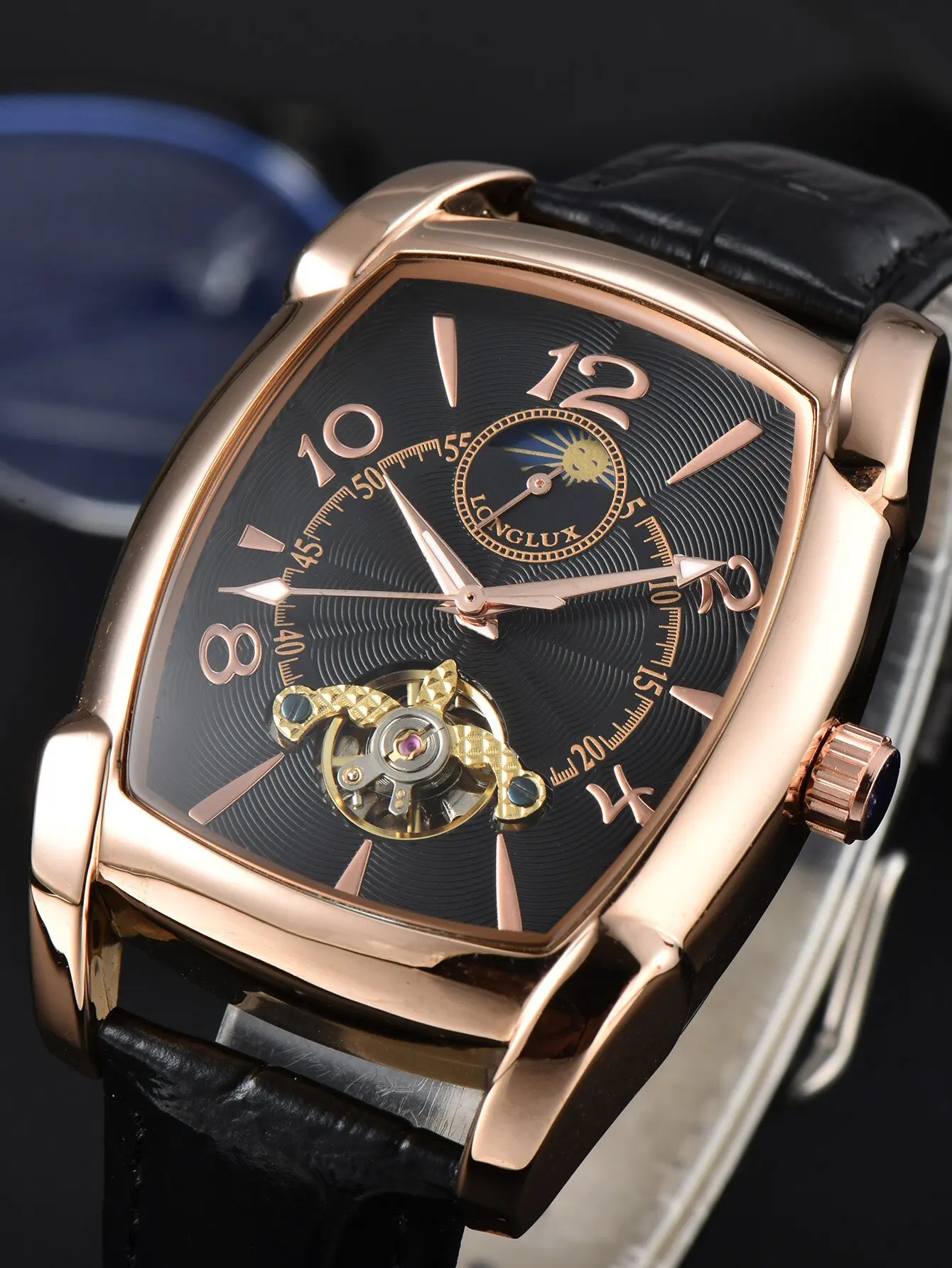 

LONGLUX moon watch mechanical wristwatches tourbillon automatic man watch square leather waterproof skeleton man watch men gift