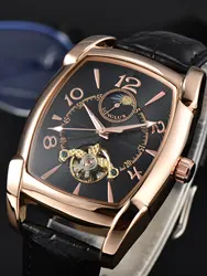 LONGTheremoon-Montre-bracelet mécanique pour homme, tourbillon automatique, carré, cuir, étanche, cadeau pour homme