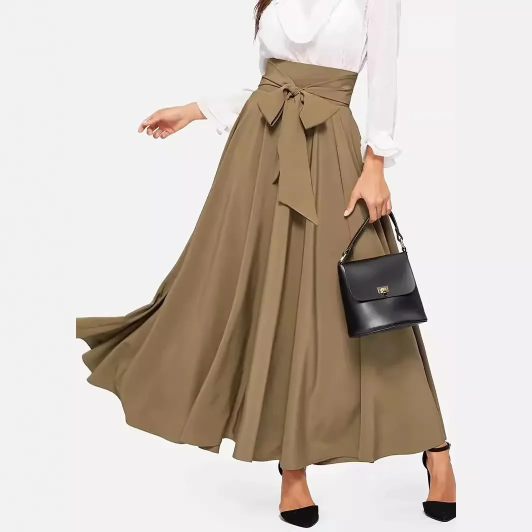 Jupe longue trapèze taille haute pour femmes, jupe transfrontalière en Polyester de couleur Pure avec ceinture sur le devant, Street Faion, printemps été