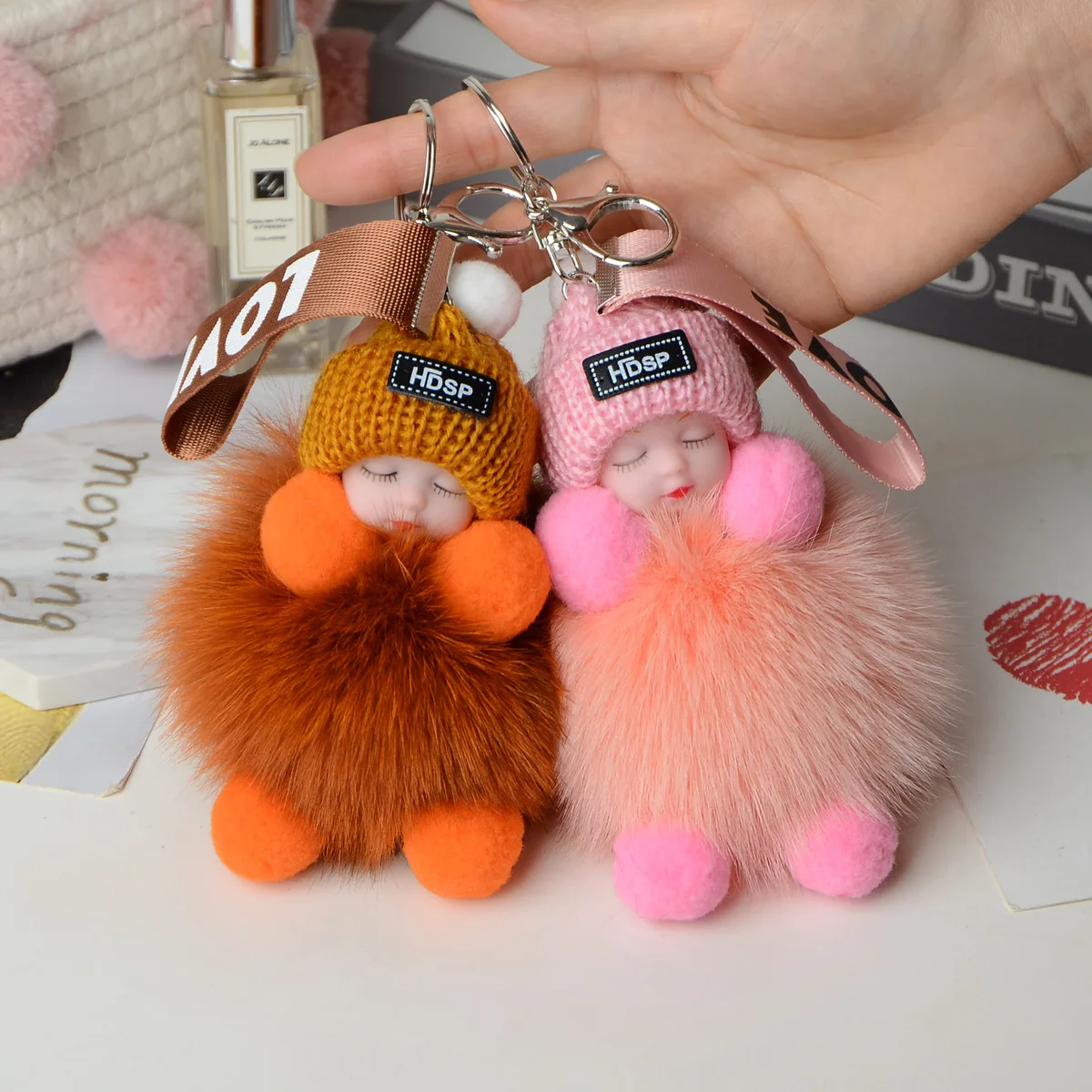 Pompom Sleeping Baby Keychain Cute Fluffy Plush Doll Keyholder Women Girl Bags Keyrings Cars Key Ring Gift Charming Decoration
