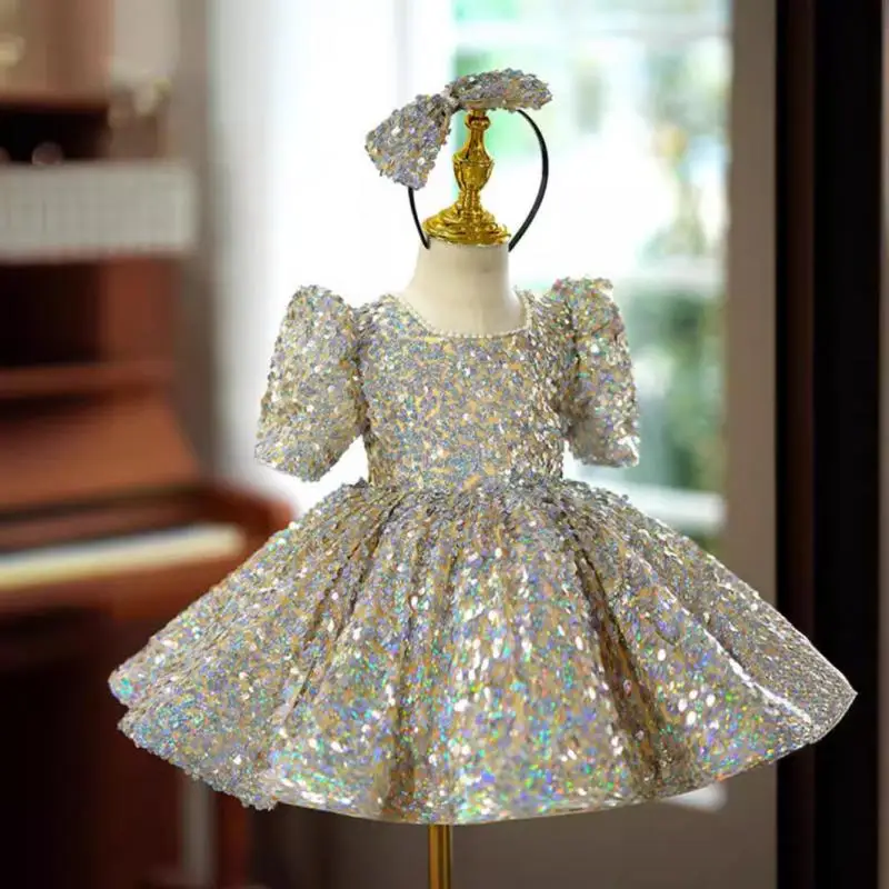 2024 Luxury Sequin Girl Birthday Party Baby Kids Princess Dress Short Sleeved Round Neck High End Ballroom Clothing for Children