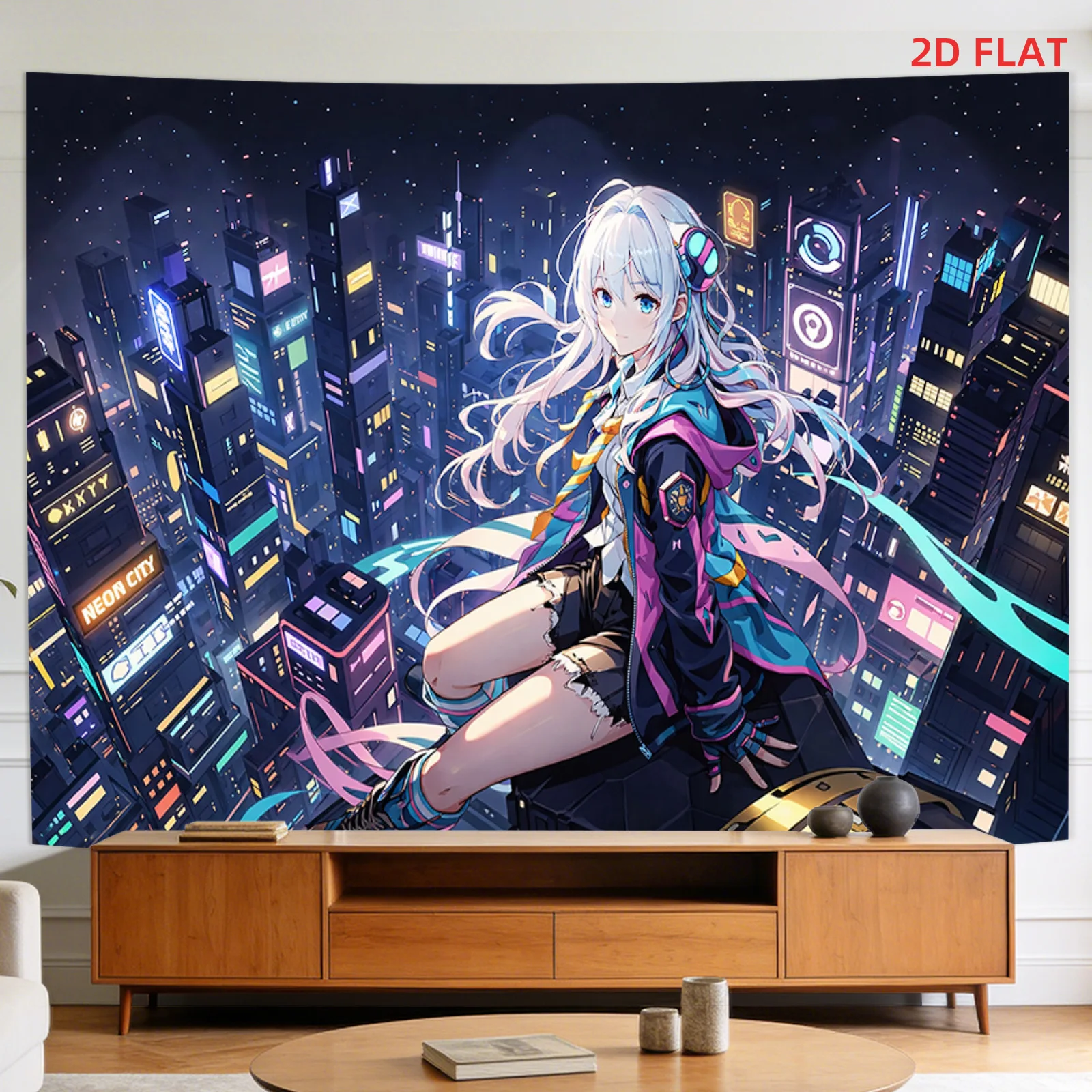 Cyberpunk Girl Tapestry, Anime Cityscape Wall Hanging, Futuristic Neon Art Dorm Decor, Sci-Fi Gamer Bedroom Blanket