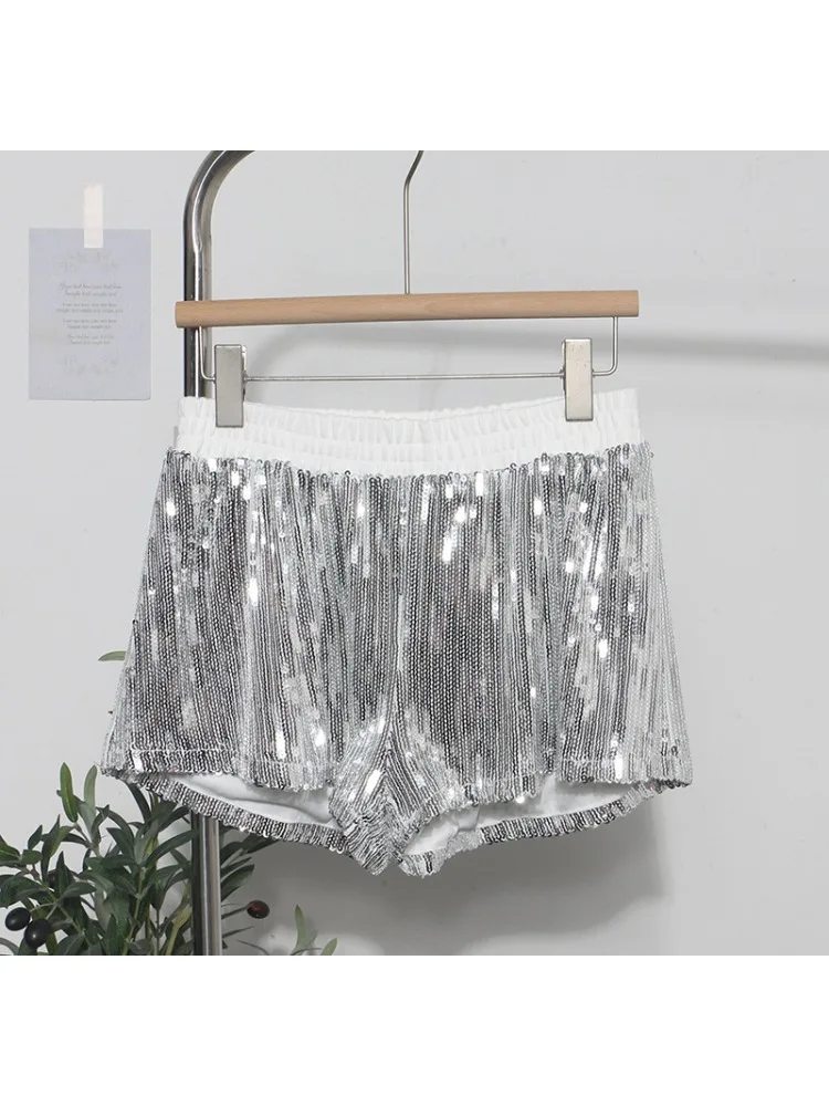 Spice Girl Sequins Splicing Elastic Waist Shorts for Women Hot Pants