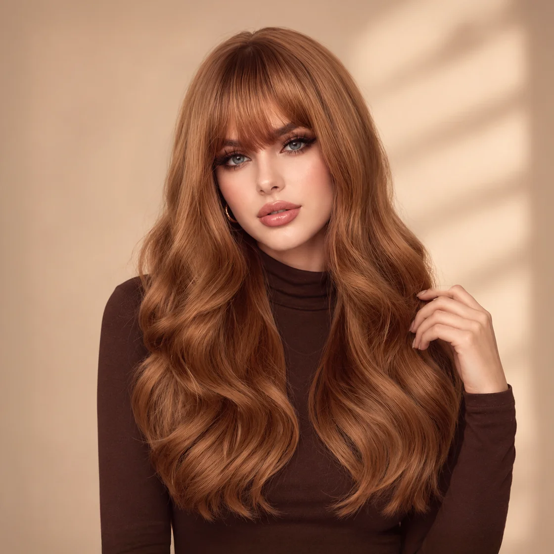 24-inch Long Body Wave Ginger Red Wig for Girls Orange Brown Synthetic Wig Heat Resistant Fiber Curly Copper Brown Wig with Bangs Suitable for Halloween Cosplay Costume Party