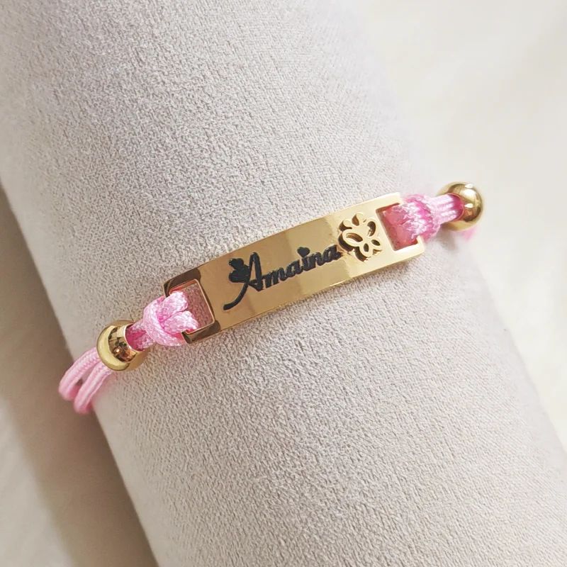 

Customized pink nylon bracelet with automatic adjustment, electroplated name letters, ladies' jewelry gift
