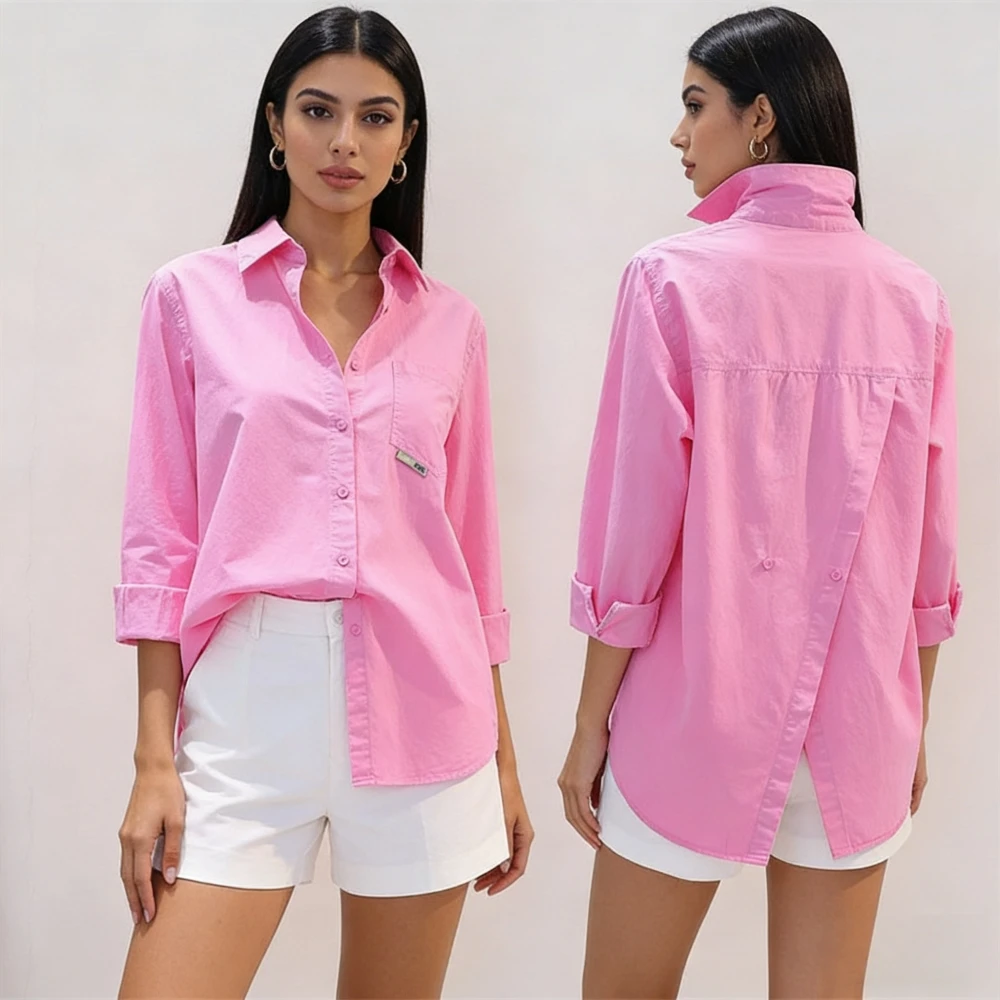 Women's Casual Shirts&Blouses Solid Long Sleeve Turn-Down Collar Back Slit Irregular Streetwear Top Sweet Loose Korean All-Match
