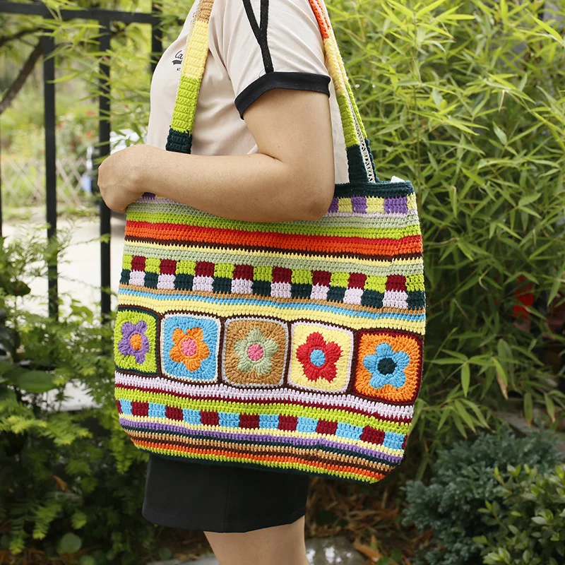 ethnic style hand-crocheted women's bags, women's casual woven bags, snow wool knitted zipper shoulder bags