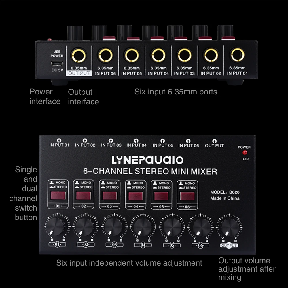 6-kanaals stereo audiomixer, haarbuis elektronische piano-instrument mengen, prestatiemixer voor buiteninstrumenten