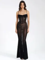 GACVGA Black Leopard See Through Backless Slim Party Club Long Dress Women 2024 Summer Fashion Sexy Bodycon Maxi Dress Vestidos