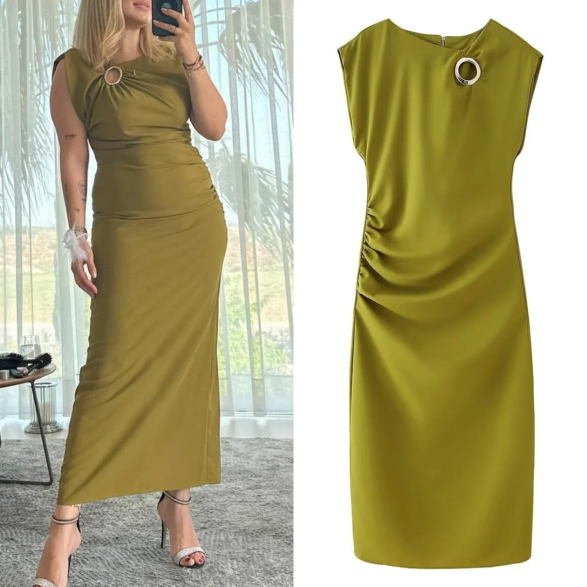 Traf Dames Chique Ijzeren Hoepel Geplooid Bodycon Midi Jurk Ronde Hals Mouwloze Bodycon Jurk Vrouwen Street Robe 2024 Zomer