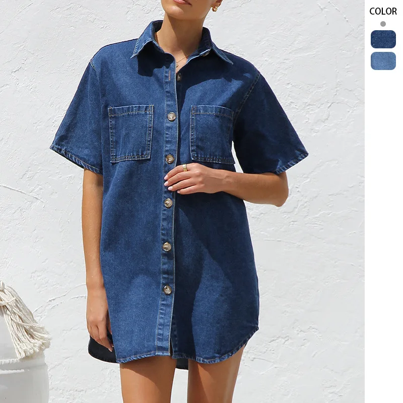

2025New Style Cardigan High-end Denim Short Sleeve Turn-down Collar Shirt Loose Dress for Women