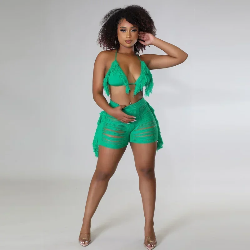 GUWU Knit Ribbed Tassel Ripped Hole Shorts Set for Women Sexy Halter Bra Top Matching Two Piece Set Outfit Beach Swimsuit