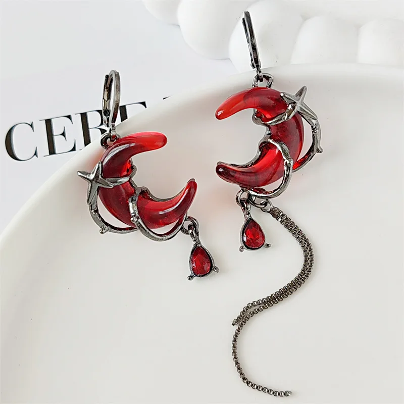 Gothic Style Night Blood Drop Red Crystal Moon Earrings For Women Unisex Trendy Kpop Rhinestone Tassel Earrings Jewelry Gifts