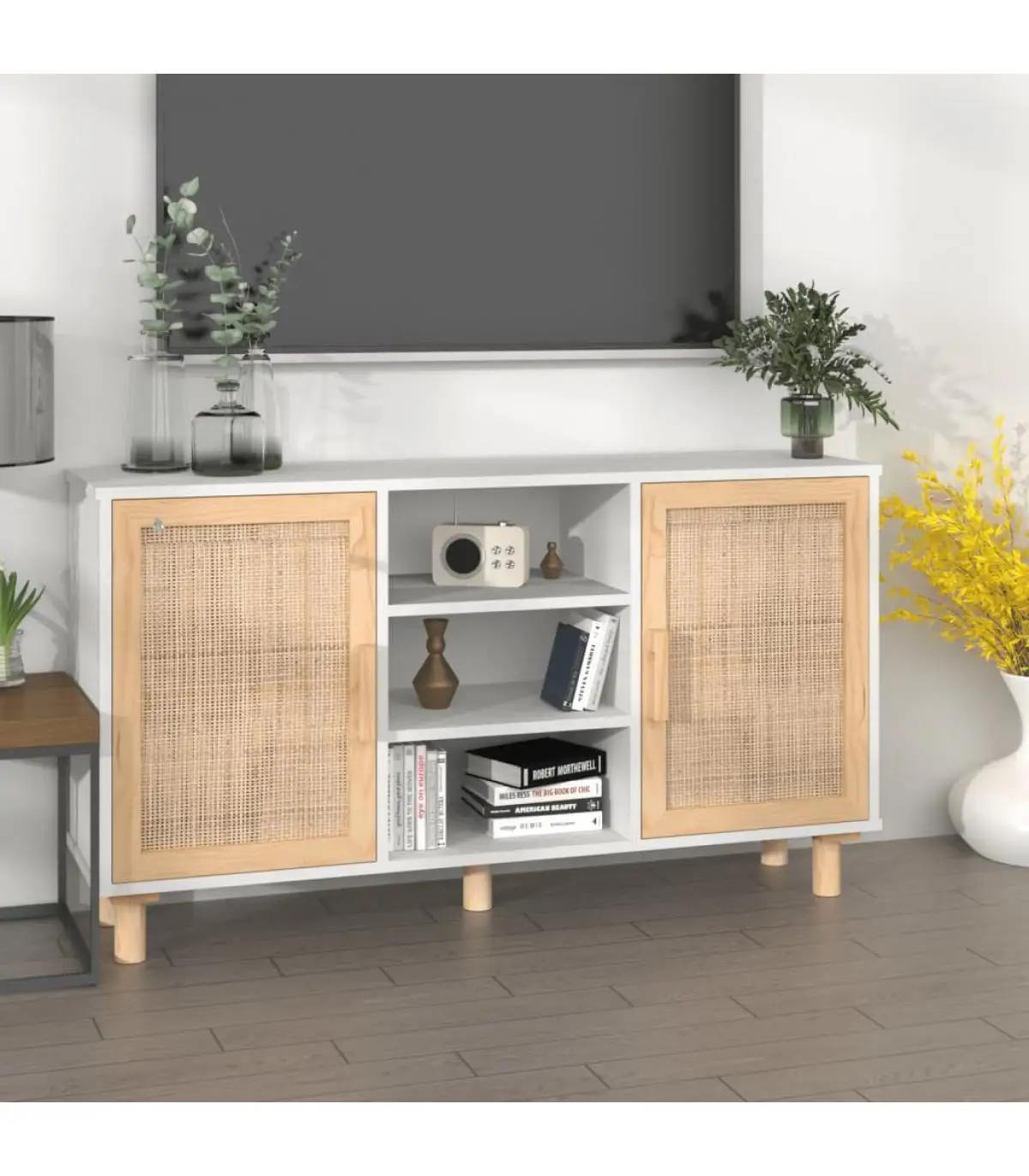 Sideboards solid wood pine White natural rattan 105x30x60 cm