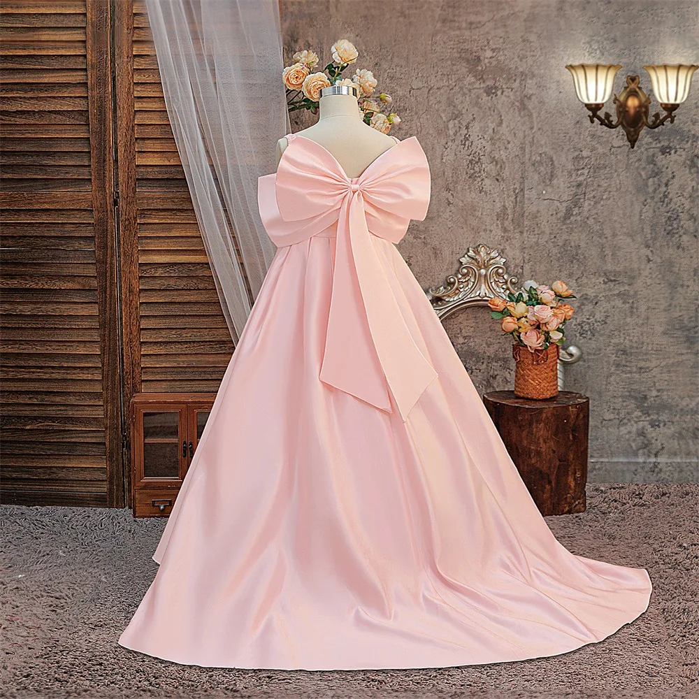 Satin-Abschlussballkleid mit großer Schleife für Mädchen, Hochzeit, Brautjungfer, elegante Prinzessin, Erstkommunion, Partykleider für Mädchen, Abendkleid