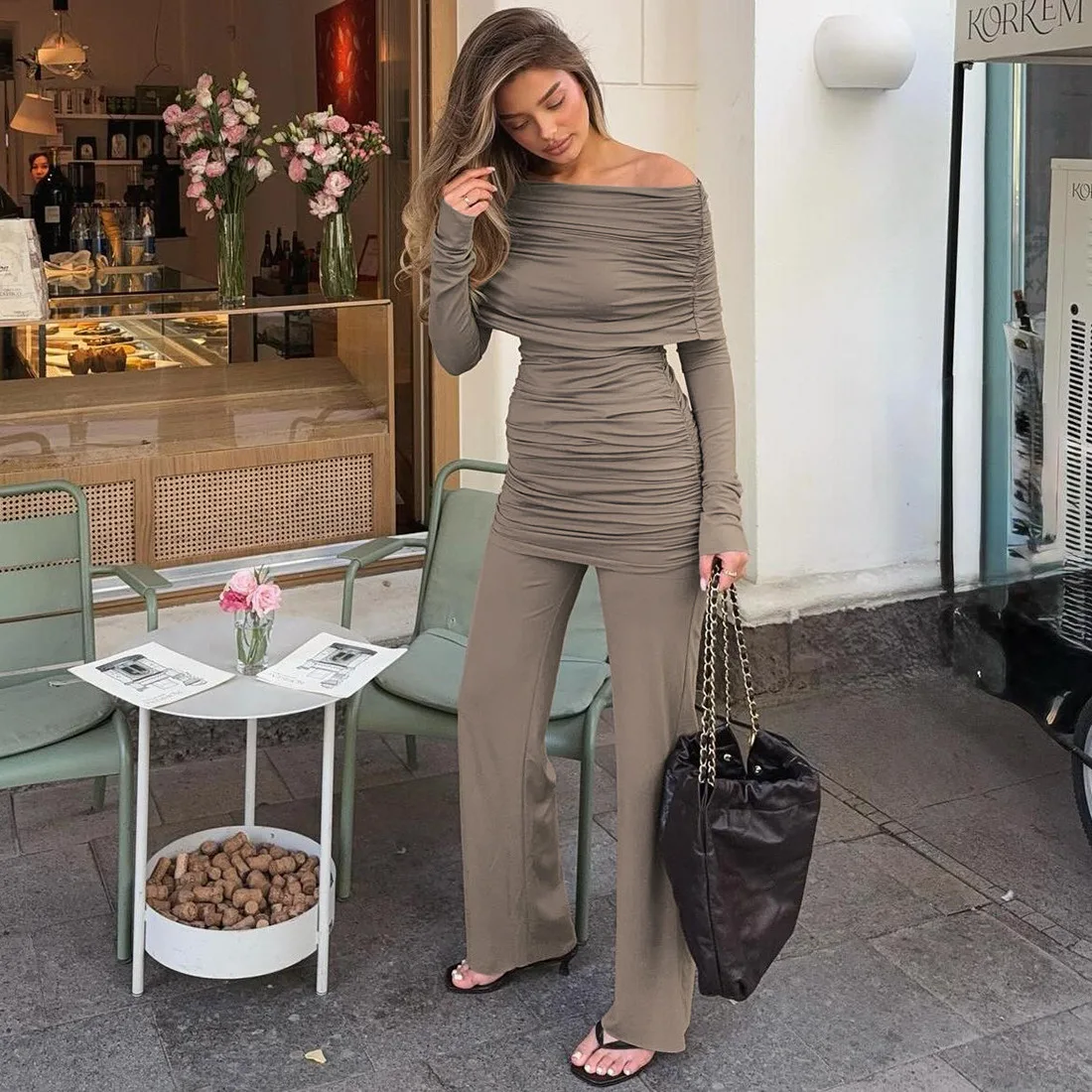 

Apprabant с открытыми плечами и рюшами, топ, расклешенные брюки, комплект женских сексуальных тонких брюк с длинными рукавами, комплект из 2 предметов, осенне-зимний элегантный наряд, уличная одежда