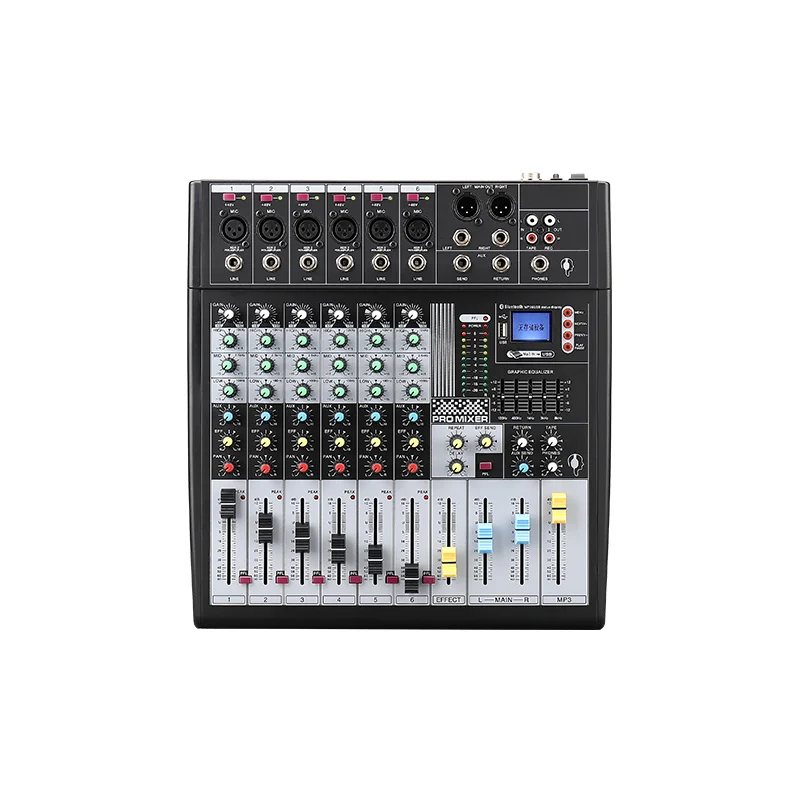 Mixer Bluetooth profissional de 6 canais, ruído ultrabaixo, equalizador estéreo de 5 bandas, USB com placa de som, gravação