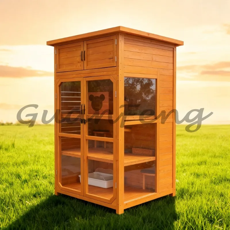 Outdoor Solid Wood Cat Cabinet Rain Sun Proof Courtyard Cat House Ventilated Warm Cat Villa Shelter