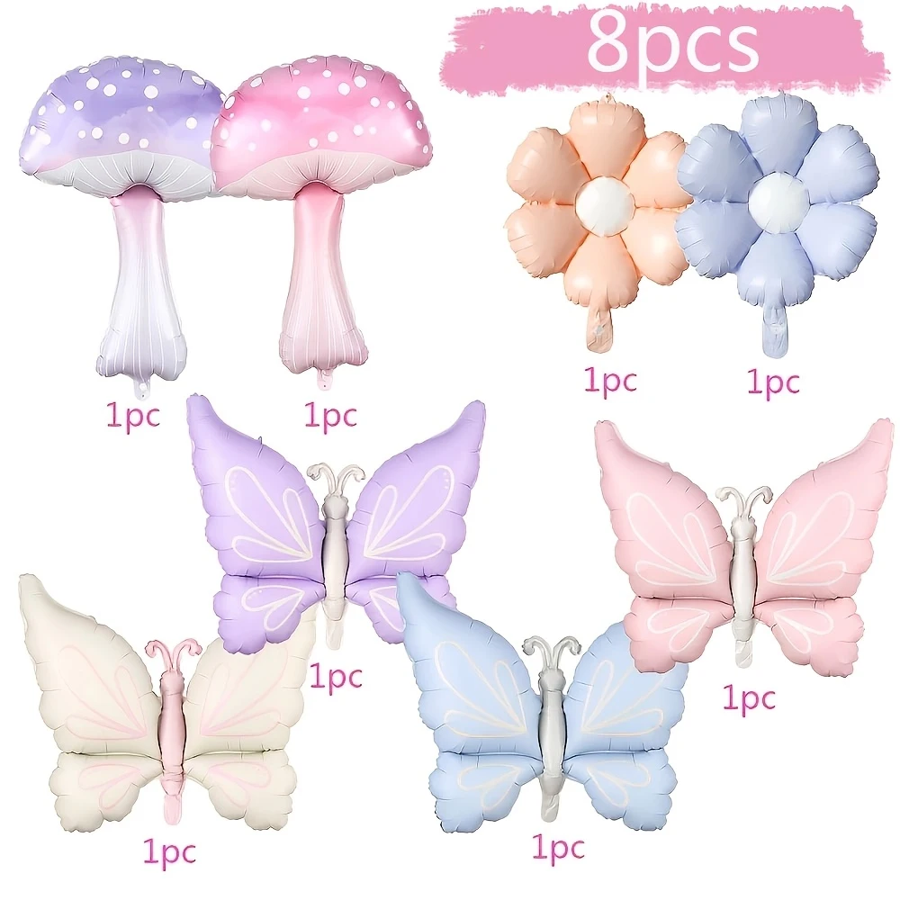 6/8-teiliges Schmetterling-Pilz-Ballon-Set Lila Rosa Gänseblümchen Folienballon Frühlings-Thema Geburtstag Hochzeit Party Deko Baby-Shower-Zubehör – Detail 4
