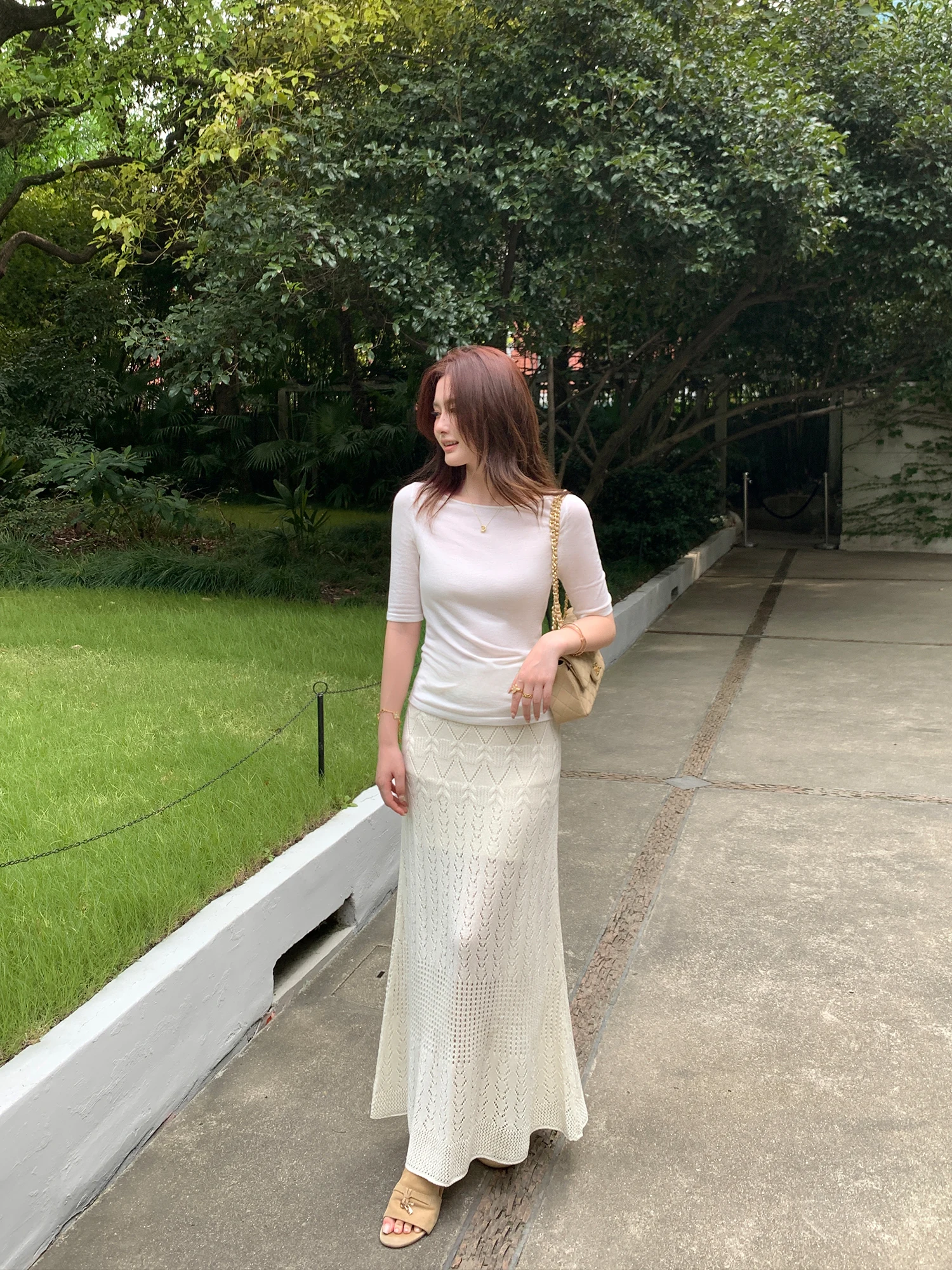 Pusumede Wheat Ear Hollow out Knitted Mid-Length Half Skirt Women Slim A-Line Skirt Romantic Hollow Design Standard Fit