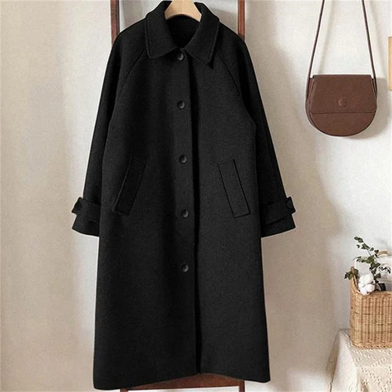 

Black straight loose woolen coat women's 2022 new long double woolen coat lapel single-breasted casual coat