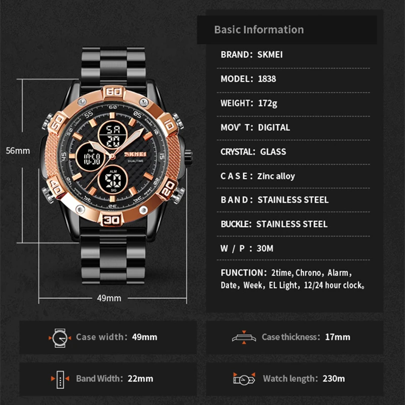 Часы наручные SKMEI Мужские кварцевые, модные роскошные спортивные деловые, с хронографом, из нержавеющей стали
