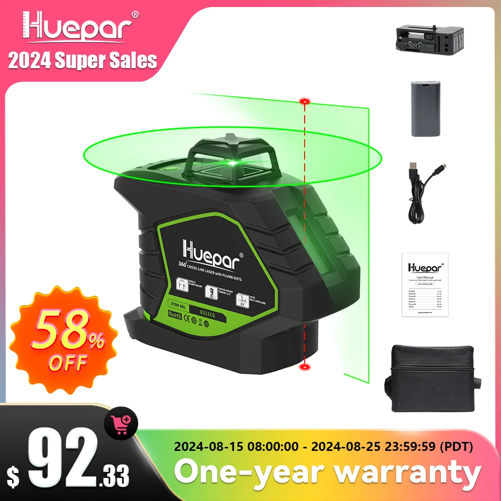 Huepar-auto-nivelamento Laser Verde Linhas Linha Cruzada Plumb Dots Cobertura 360 ° Ferramentas Laser de Lítio 6211cg