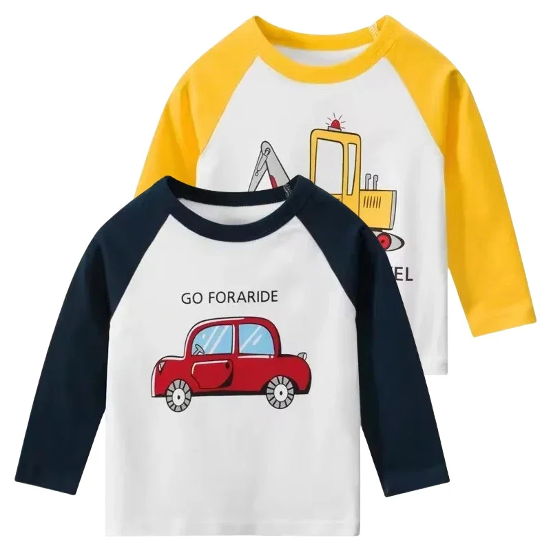 2024 Autumn New Boys Long Sleeve Cotton T-shirt Cartton Car Children's Bottoming Shirt Letter Print Kids Tops Tee Dropship 2-9Y