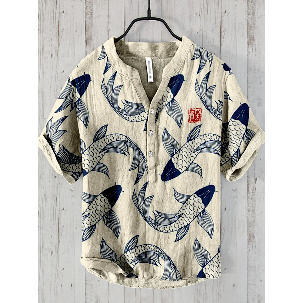 2024 summer men's and women's shirts  casual fish pattern Hawaiian Retro style printed  v-neck shirts men's tops