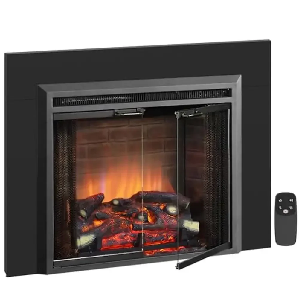 26” Electric Fireplace Insert with Fire Crackling Sound Resin Log Glass Door Mesh Screen 750/1500W Heater Adjustable Thermostat