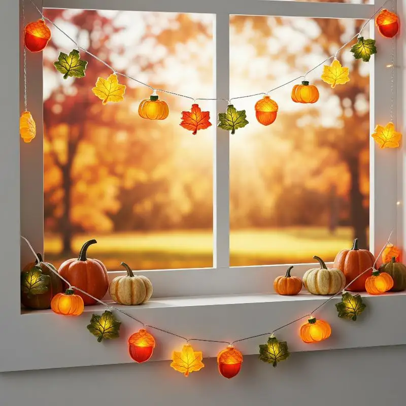 1.5m Warm White LED Leaf Pumpkin Nut Light String for Fall Harvest Halloween Thanksgiving Home Decor
