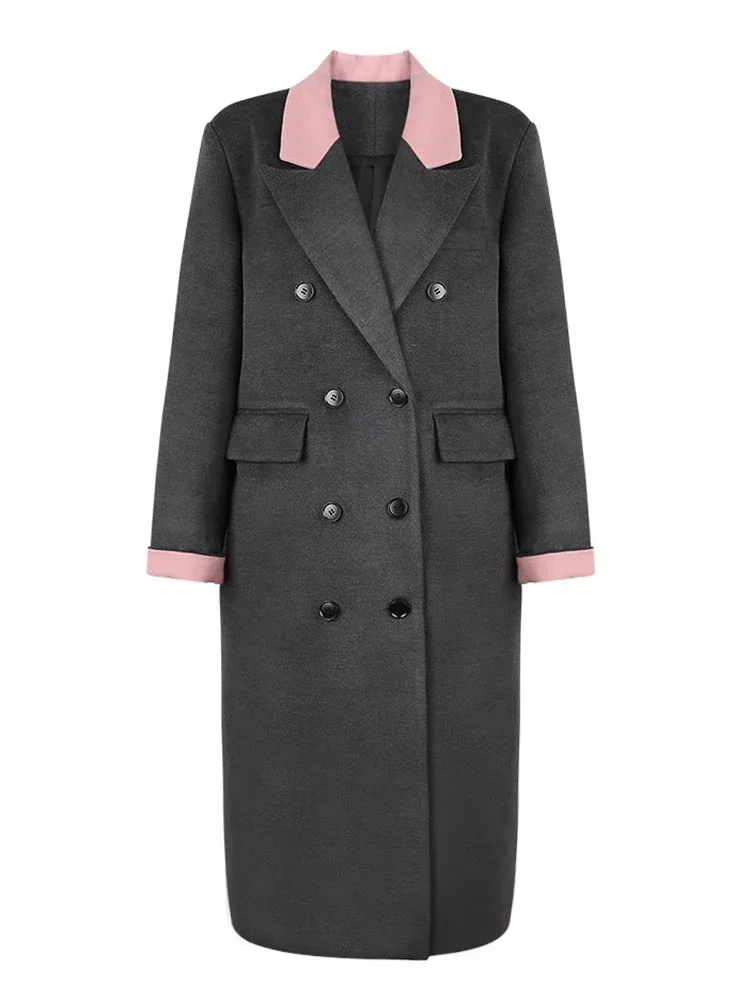 Fashion Luxurious Design Woolen Thickening Coat with Contrast Collar for Women 2024 New Arrival Warm Dark Grey Office Wool Coats