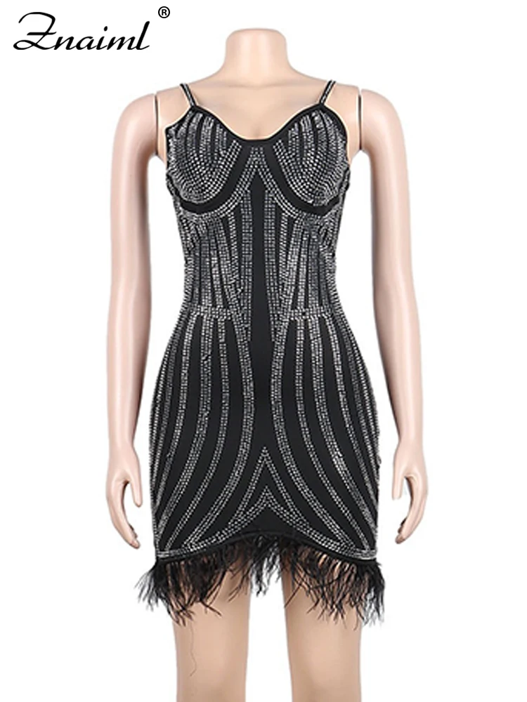 Znaiml luxo festa clube baile de formatura mini vestido feminino sexy strass pena preta borla hem cinta espaguete bodycon aniversário robe