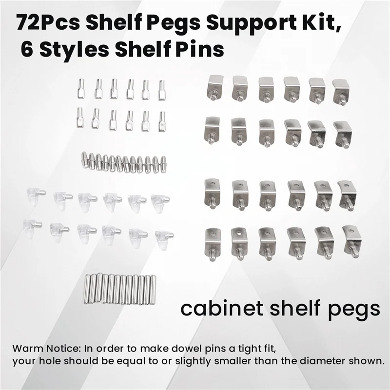 72Pcs Shelf Pegs Support Kit, 6 Styles Shelf Pins, Nickel Plated Cabinet Shelf Pegs For Shelves Bookcase Bookshelf Pegs-BAAX