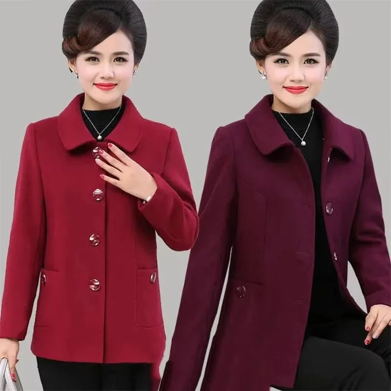 

Spring Autumn Aged Women Short Woolen Jacket Middle Aged Mother New Long Sleeves Wool Blend Tops Ladies Fashion Outerwear 5XL