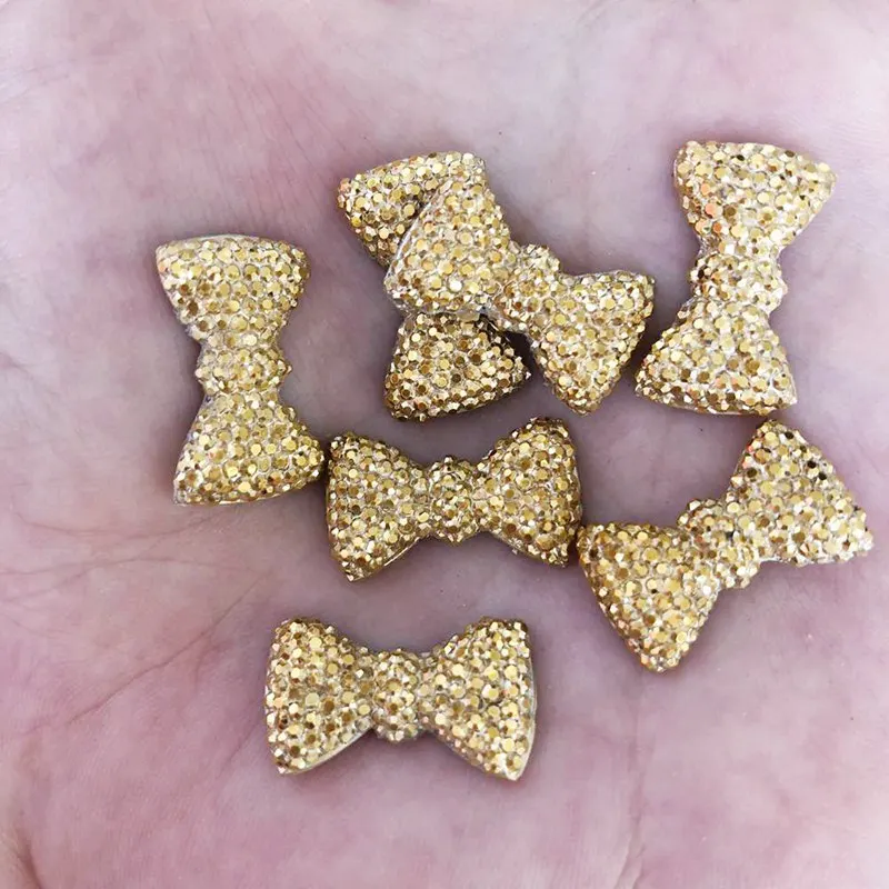 DIY 20pcs 12mm*20mm AB Resin Gold Bow Flatback Rhinestone Wedding Buttons Craft F277